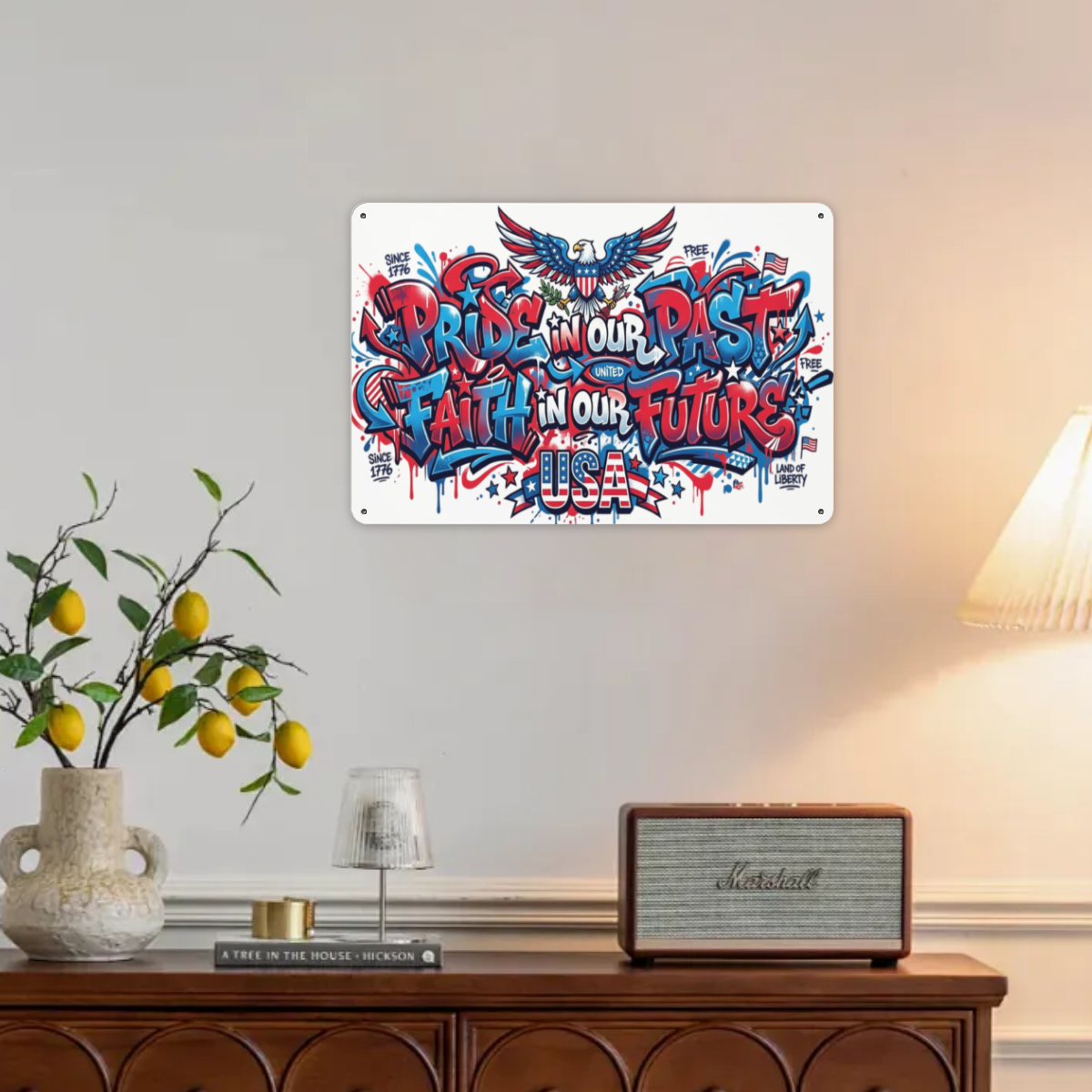 USA bicentennial metal tin sign hung on indoor living room wall home patriotic decoration