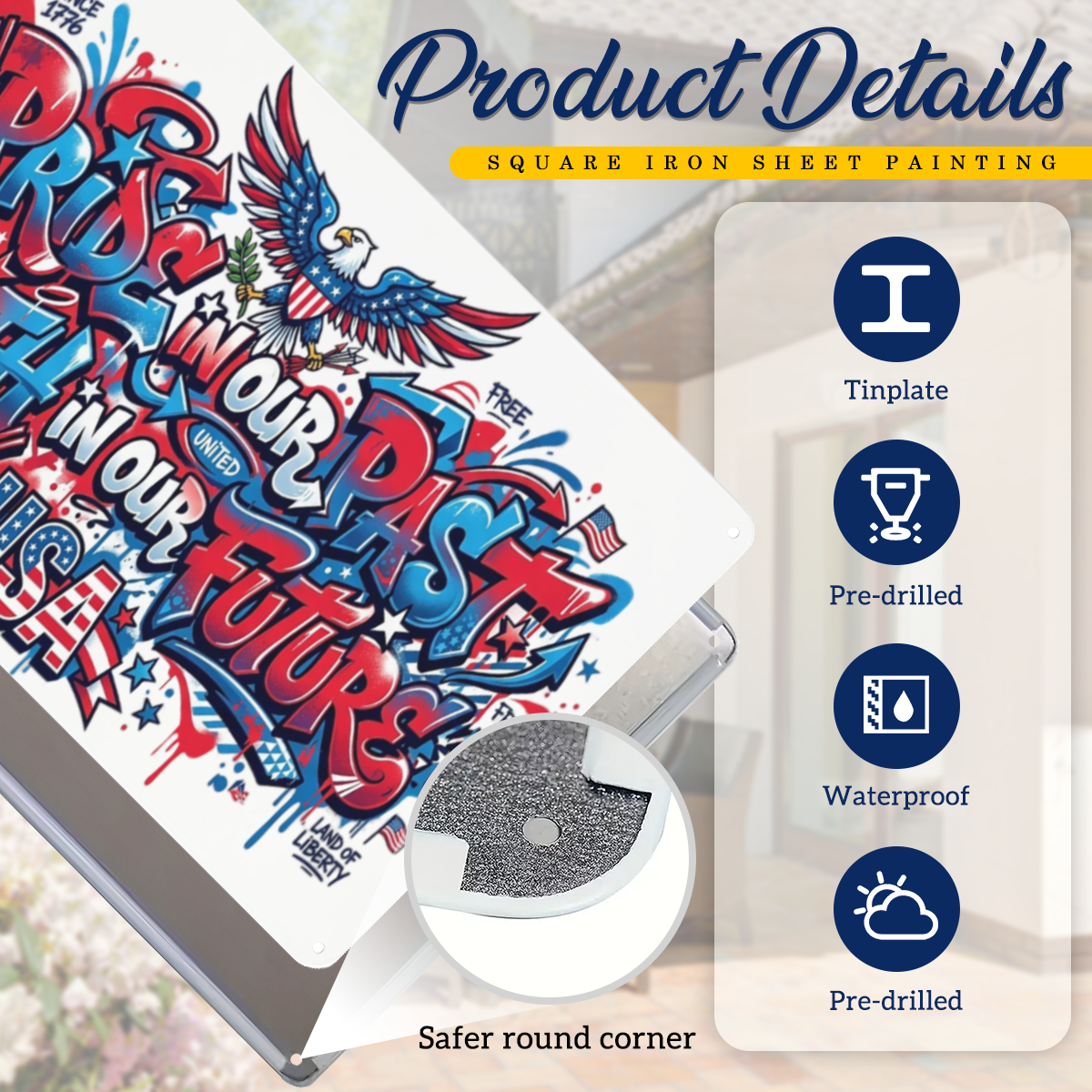 Safe rounded corner tinplate wall sign, pre-drilled holes and waterproof durable surface details