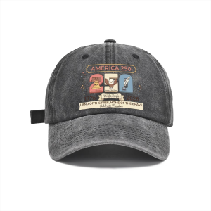 Dark grey distressed cotton baseball hat with cartoon patriotic America 250 artwork and We The People banner text.