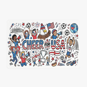 Flat lay of rectangular tin sign, hand-drawn doodle "CHEER FOR USA" World Cup design filled with cheering fans, eagle, football, trophy, fireworks and patriotic USA symbols