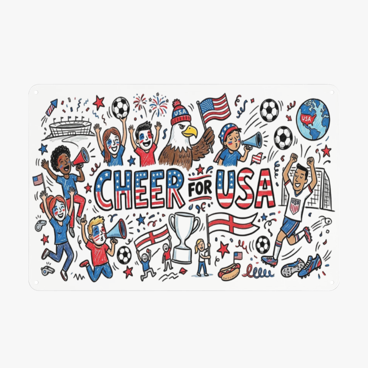 Flat lay of rectangular tin sign, hand-drawn doodle "CHEER FOR USA" World Cup design filled with cheering fans, eagle, football, trophy, fireworks and patriotic USA symbols