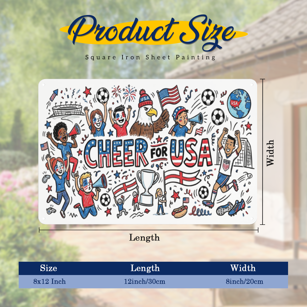 Size chart of 8x12 inch World Cup metal tin sign, cute doodle style "CHEER FOR USA" print with soccer fans, bald eagle, soccer balls, trophy and US flag elements, 12in×8in wall plaque dimension display