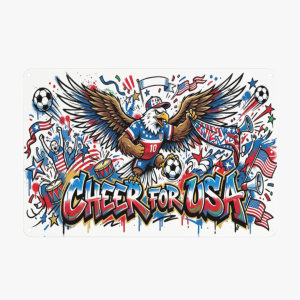 Graffiti Cheer For USA bald eagle soccer tin sign with football, US flags and cheering elements