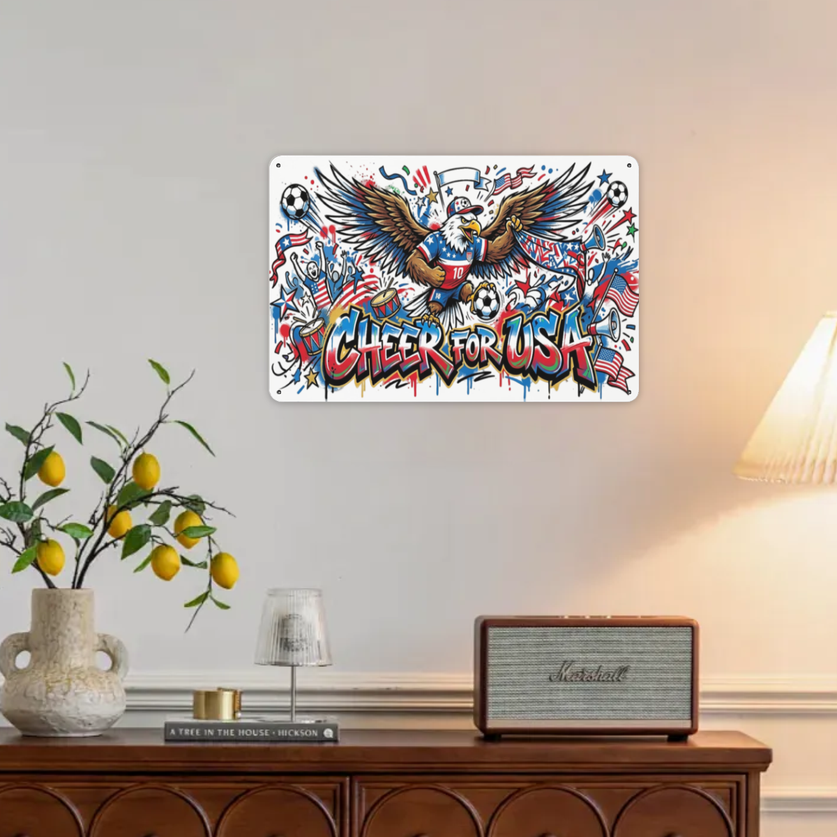 Patriotic USA World Cup metal tin sign hung on indoor living room wall