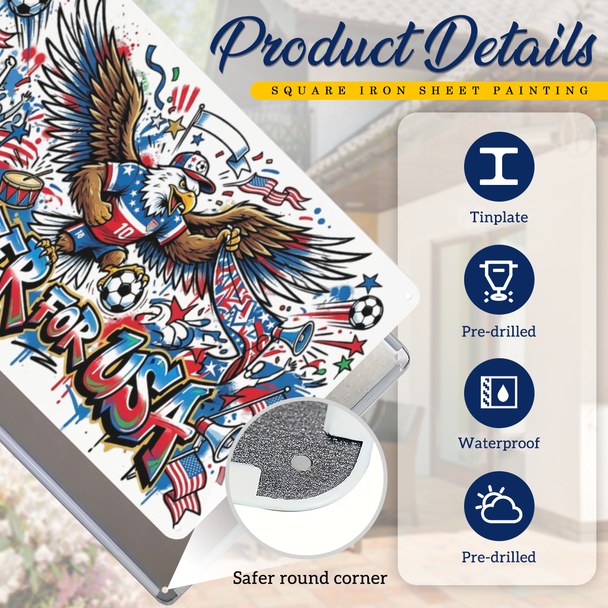 Round corner tinplate wall sign, pre-drilled holes and durable waterproof surface details
