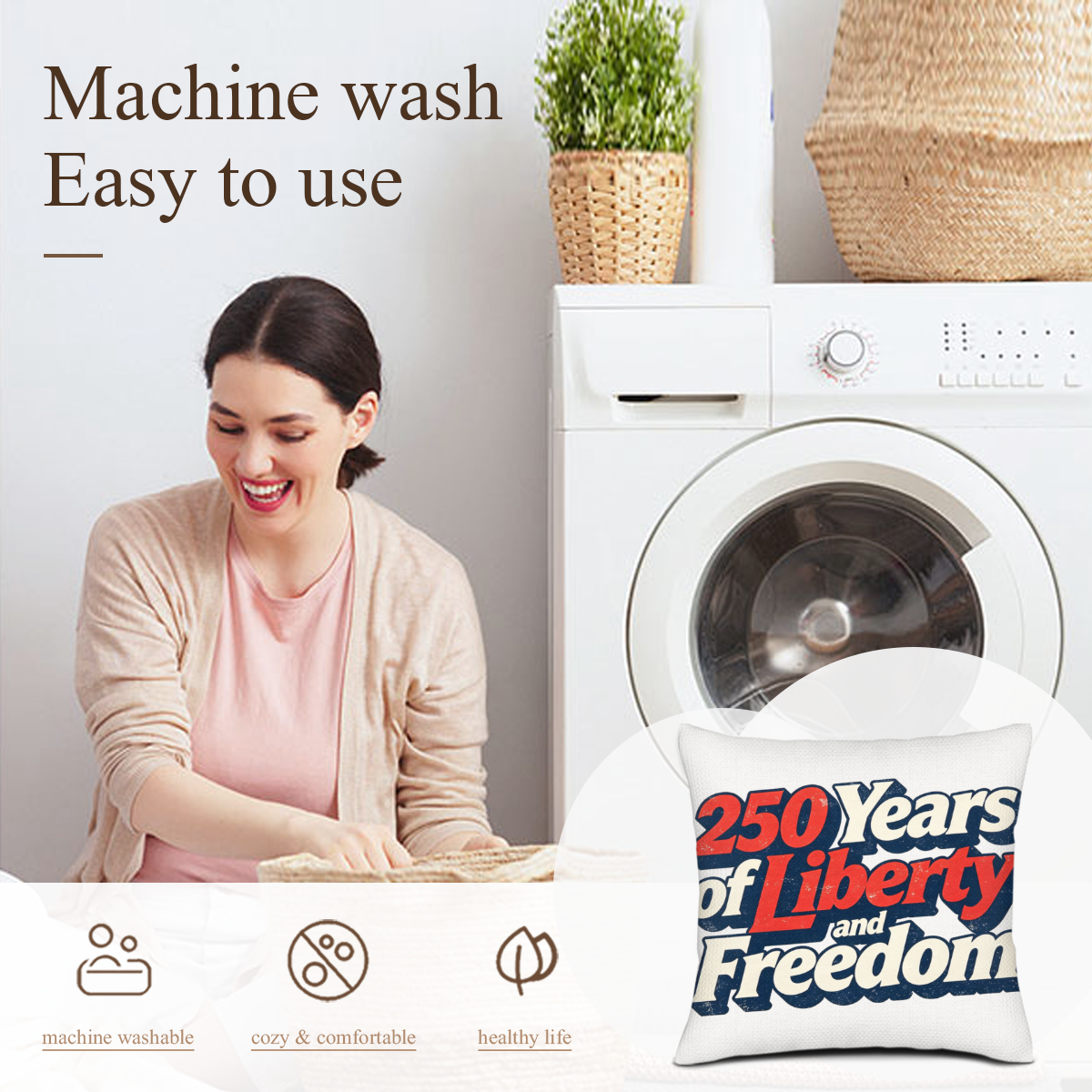 Washing care graphic highlighting that the pillow cover is machine washable, cozy, and healthy.
