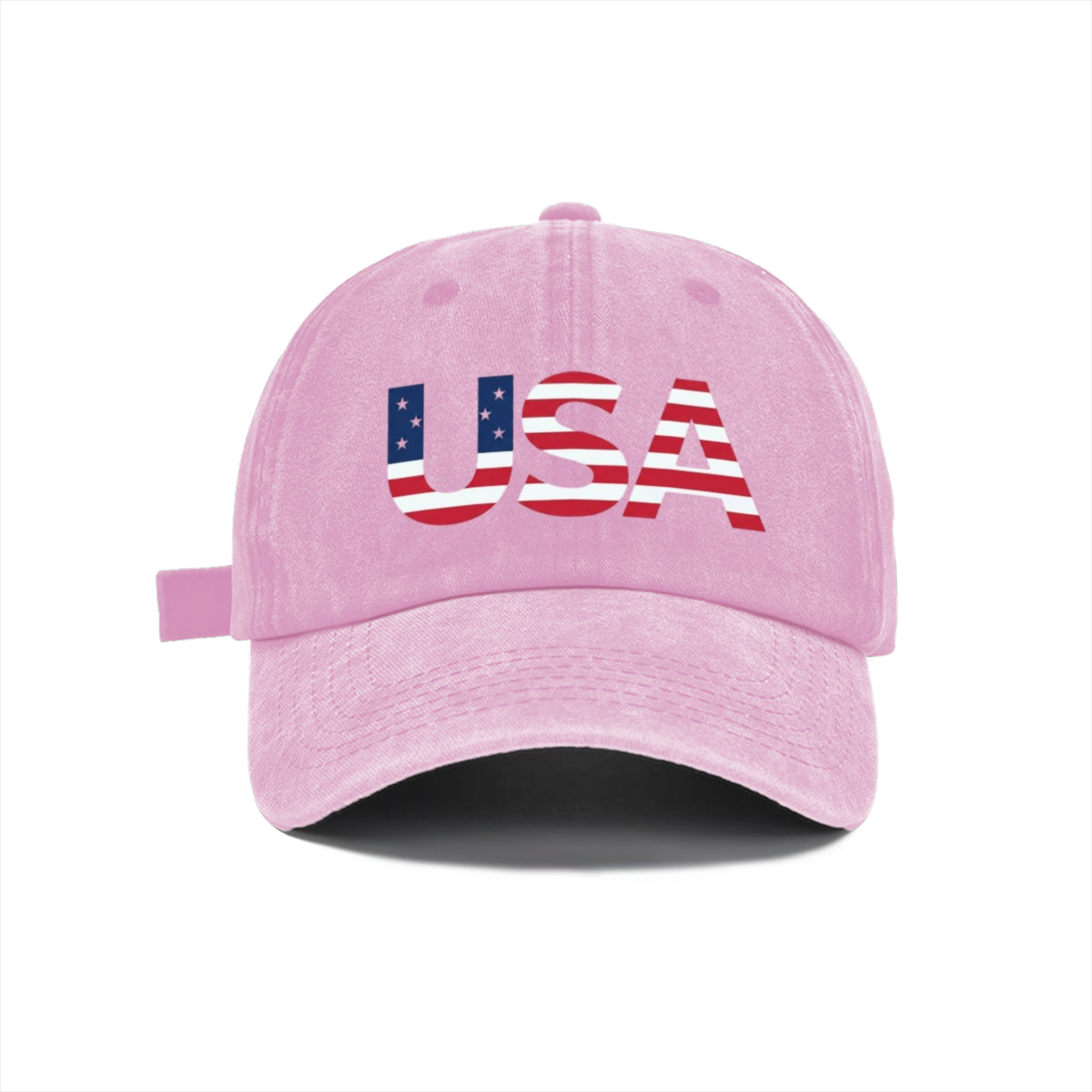 Soft light pink distressed cotton cap, bold USA letter filled American flag semiquincentennial lightweight outdoor sun hat
