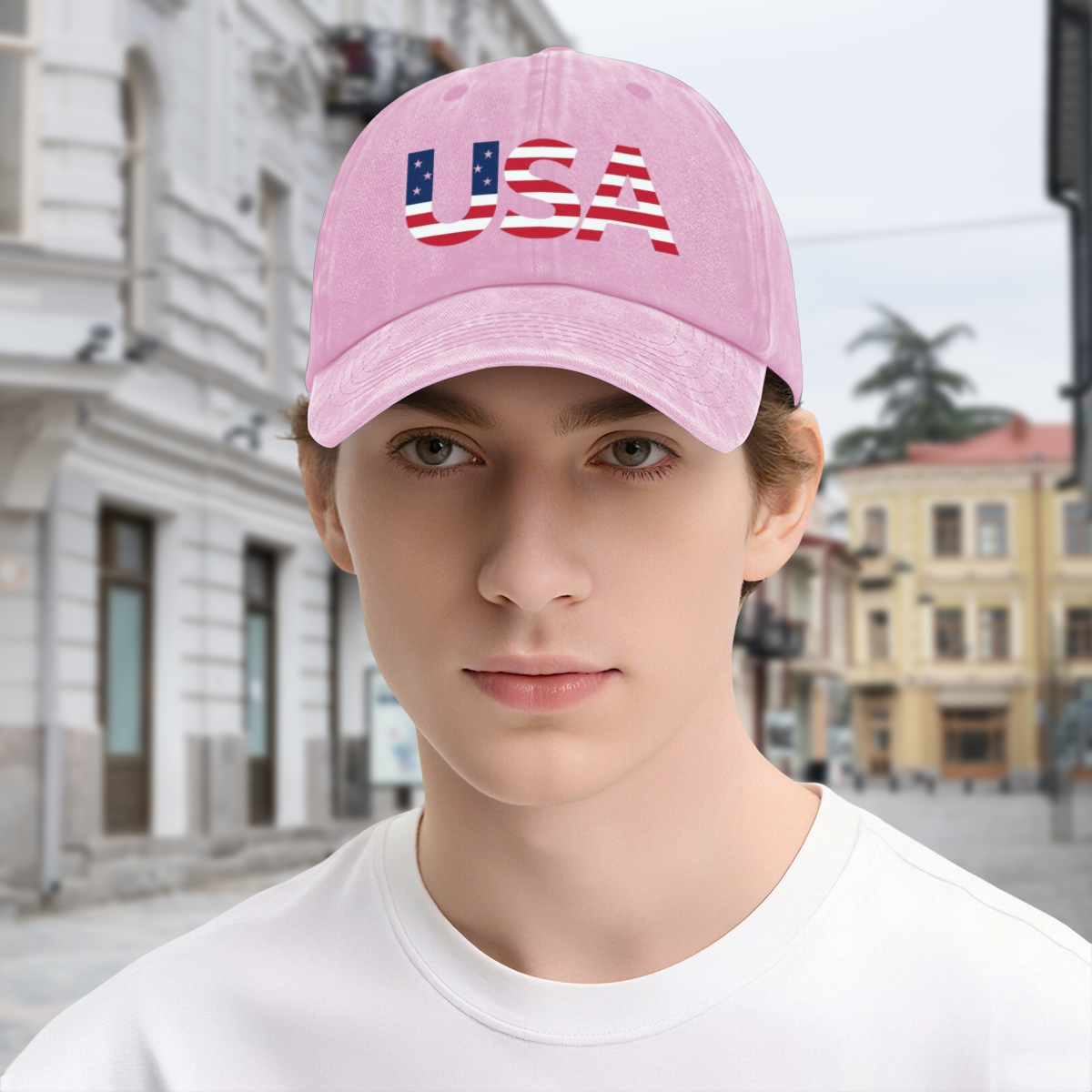 Male model wearing light pink flag fill USA vintage washed baseball cap, casual street patriotic outfit for America’s 250th anniversary