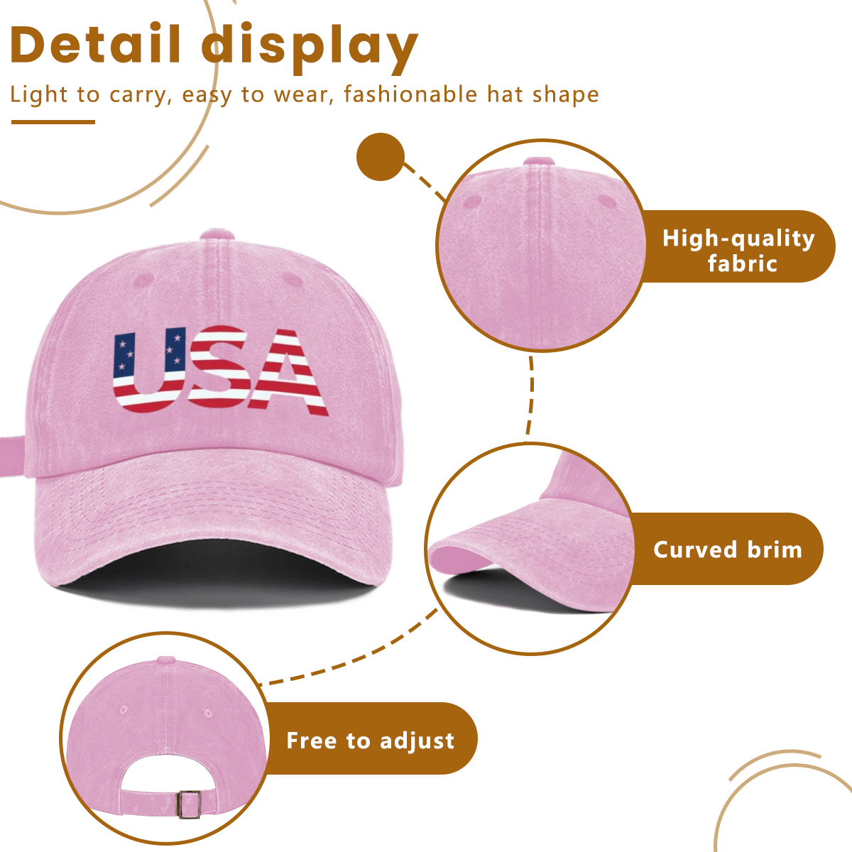 Detail chart of washed cotton patriotic cap, premium soft breathable fabric, curved UV-protection brim, adjustable metal buckle back strap