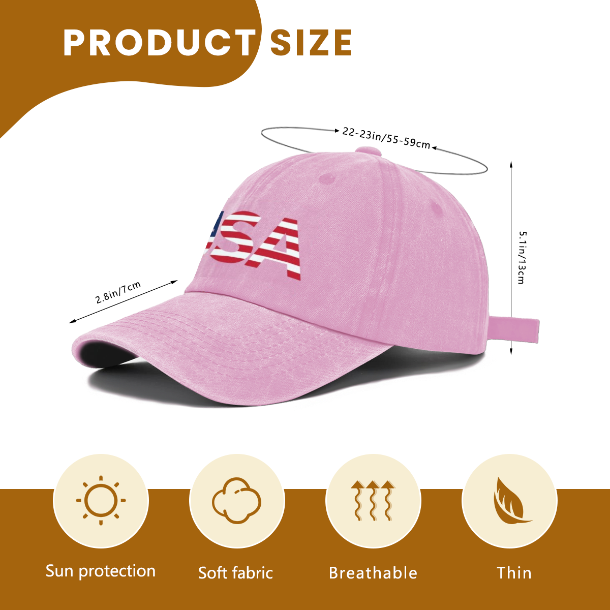 Size diagram of 250 years USA flag typography vintage dad hat, adjustable 55-59cm head circumference, thin lightweight sun protection cotton patriotic cap