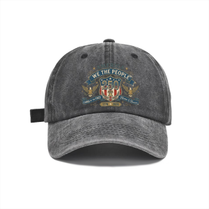 Dark grey distressed washed denim dad cap with retro We The People double eagle shield USA flag Liberty Bell patriotic graphic, USA 250th casual outdoor baseball hat