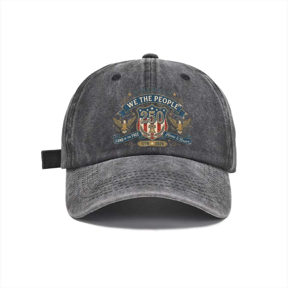 Dark grey distressed washed denim dad cap with retro We The People double eagle shield USA flag Liberty Bell patriotic graphic, USA 250th casual outdoor baseball hat