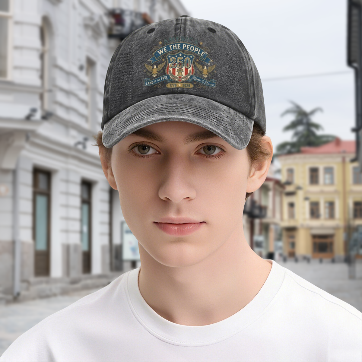 Young man outdoor wearing dark gray vintage washed We The People eagle shield 250 patriotic baseball cap, USA 250th anniversary street casual dad hat