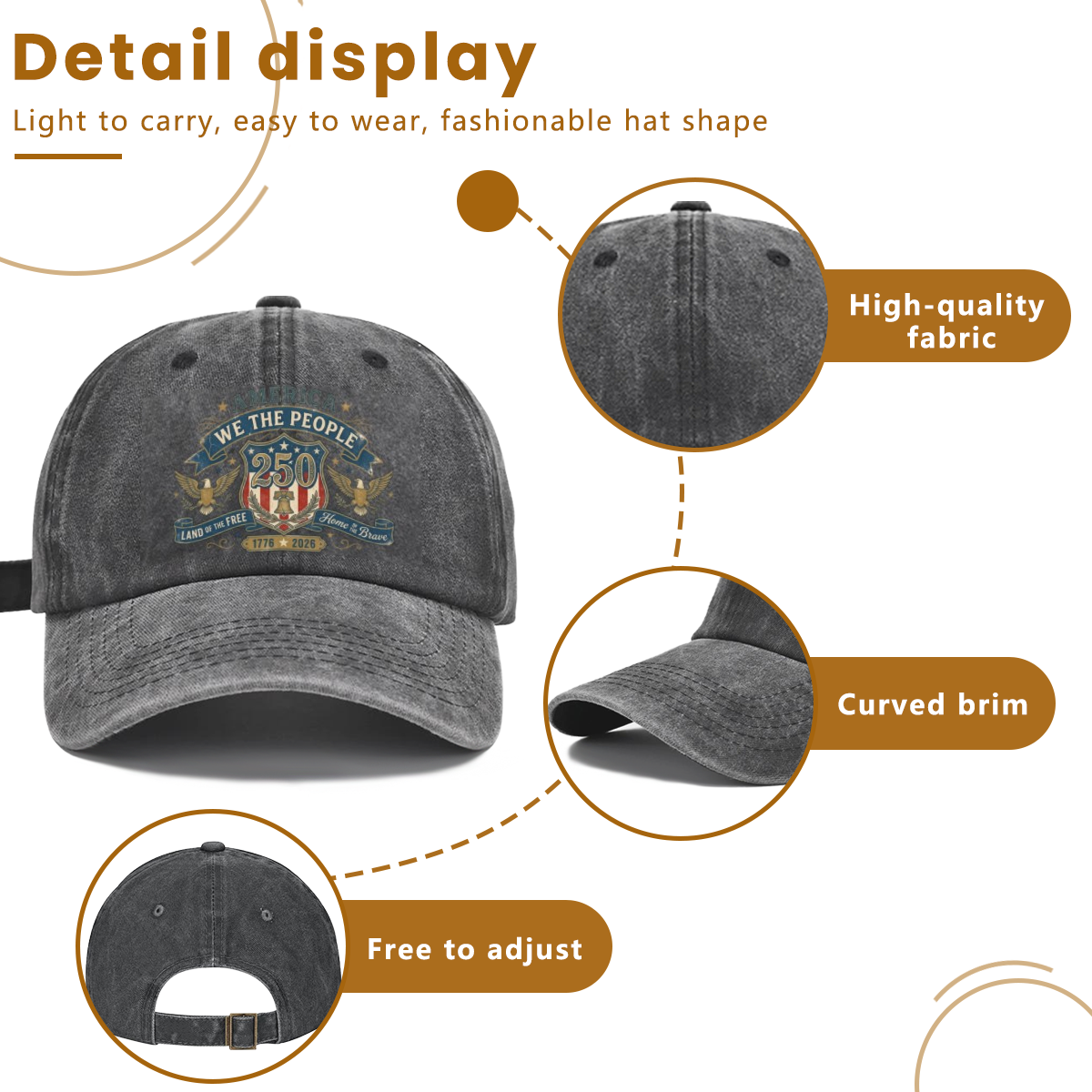 Detail chart of washed cotton patriotic dad hat: premium breathable fabric, curved sun protection brim, adjustable rear buckle strap, We The People eagle shield front print