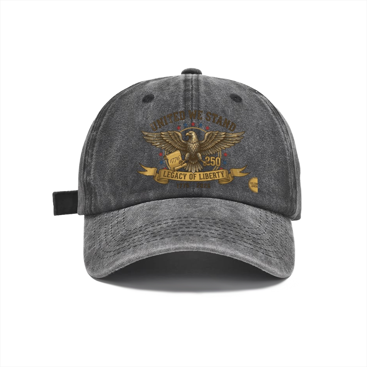 Dark grey distressed washed denim baseball cap with retro golden bald eagle scroll USA250 United We Stand patriotic graphic, outdoor sun casual dad hat