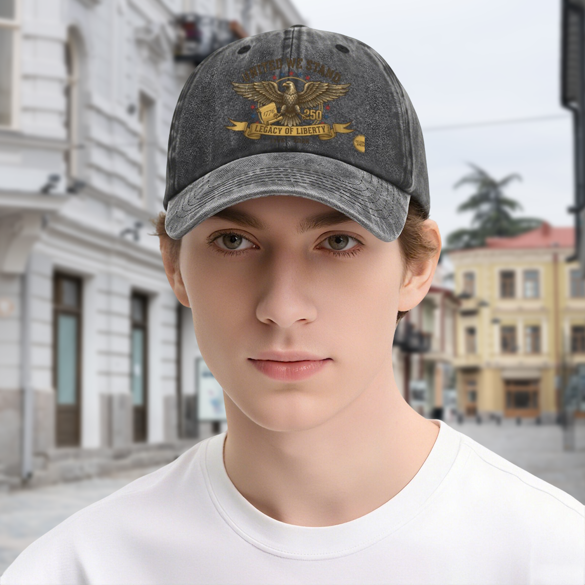 Young man street outfit wearing dark gray vintage washed eagle United We Stand USA250 patriotic adjustable baseball dad cap, USA 250th anniversary casual sun hat