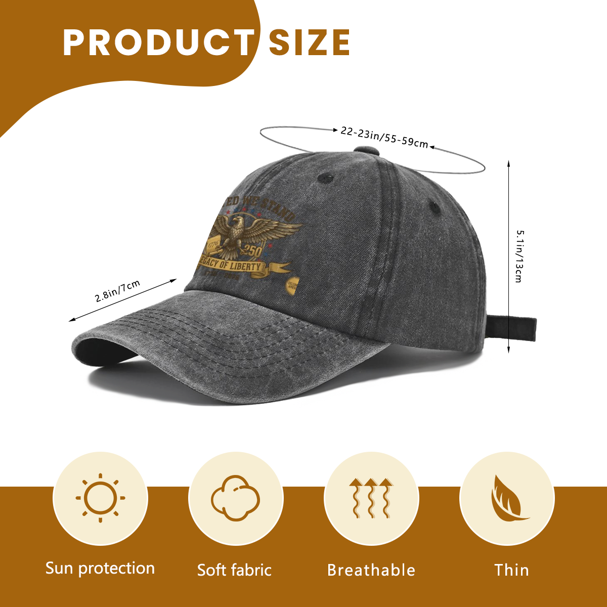 Size guide for USA 250th vintage washed bald eagle patriotic baseball cap, adjustable head circumference 22-23in/55-59cm, lightweight sun protection casual dad hat