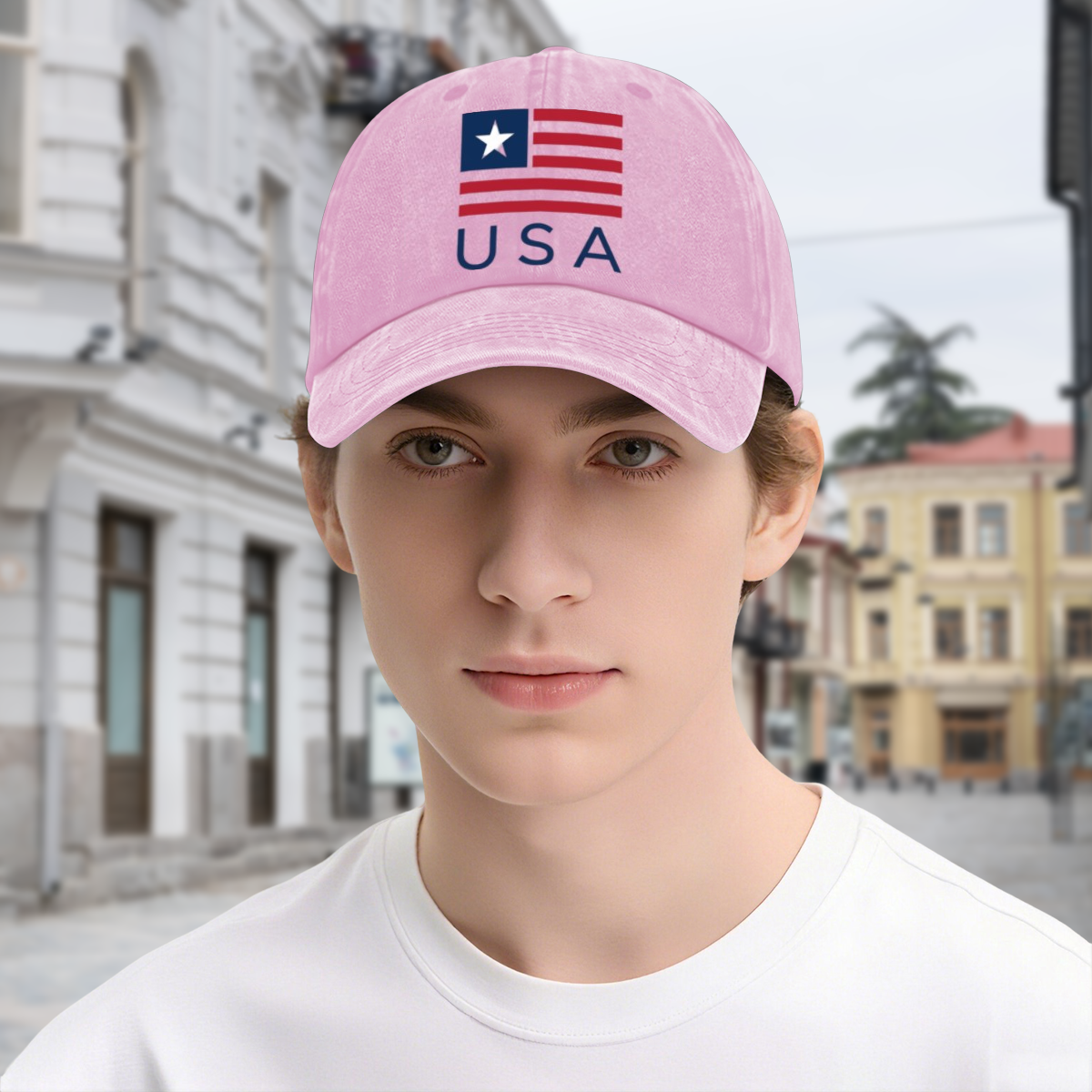 Male model wearing light pink single star USA flag vintage washed baseball cap, casual street patriotic outfit for America’s 250th anniversary
