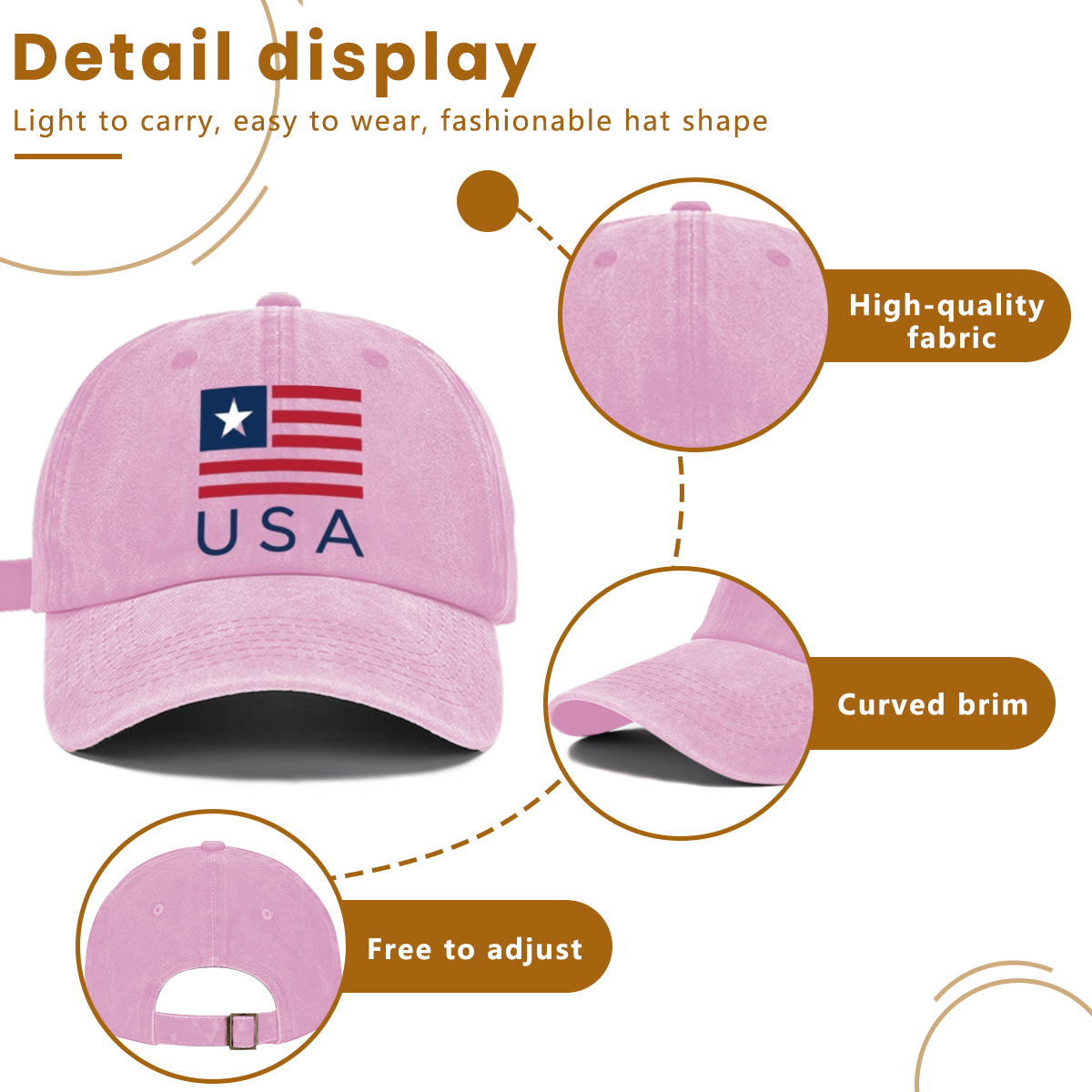 Detail chart of washed cotton patriotic cap, premium soft breathable fabric, curved UV-protection brim, adjustable metal buckle back strap