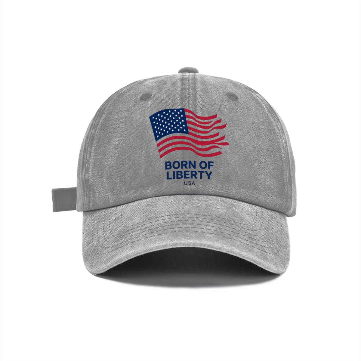 Light grey retro washed cotton cap, waving US flag Born Of Liberty graphic 1776-2026 America 250 anniversary casual patriot sun hat