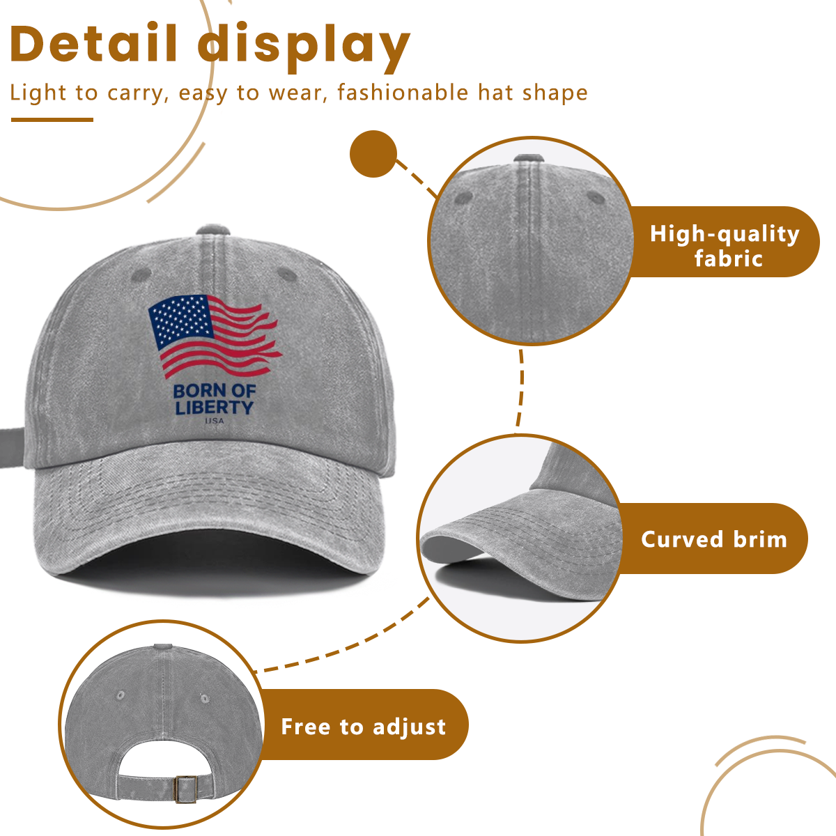 Soft light pink distressed cotton cap, wavy American flag Born Of Liberty slogan semiquincentennial casual outdoor hat