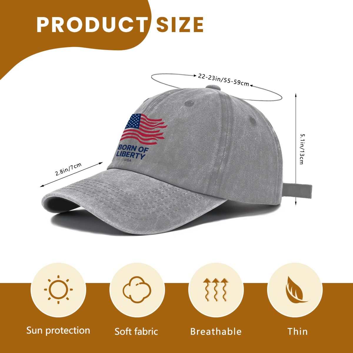 Male model wearing light gray wavy flag Born Of Liberty vintage washed baseball cap, casual street patriotic outfit for America’s 250th anniversary