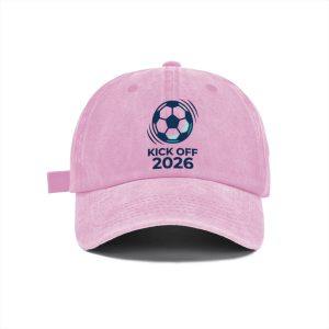 Lightweight pastel pink vintage washed baseball cap with simple Kick Off 2026 football front print