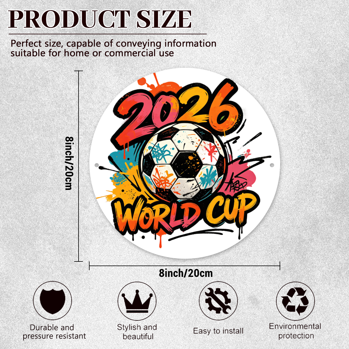 Size chart of the 8-inch/20cm round aluminum sign, highlighting features: durable, stylish, easy to install, eco-friendly