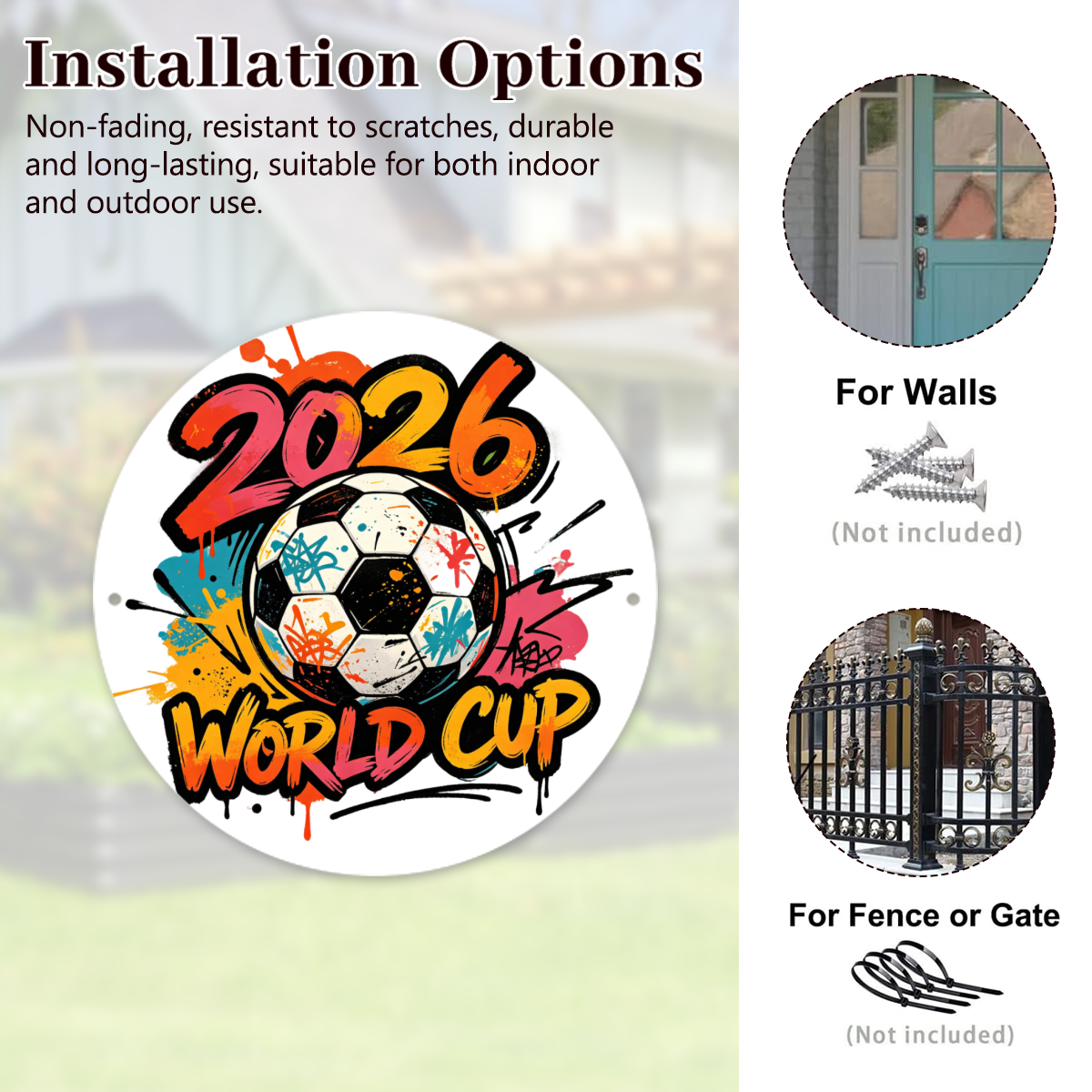 Installation options infographic for the sports aluminum sign, showing wall mounting and fence/gate mounting with screws or zip ties