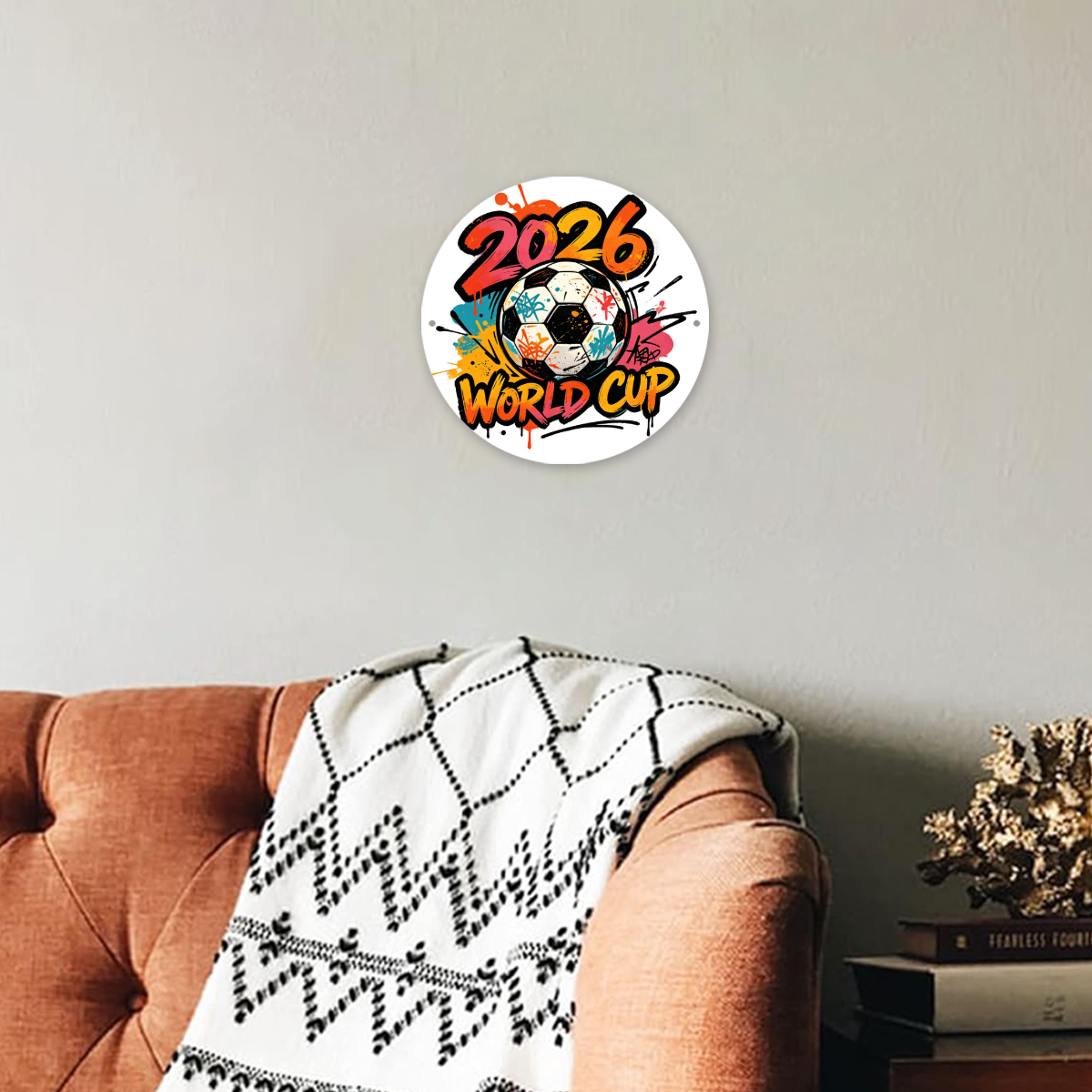 Lifestyle shot of the “2026 World Cup” aluminum sign mounted on a living room wall, showing home decor use