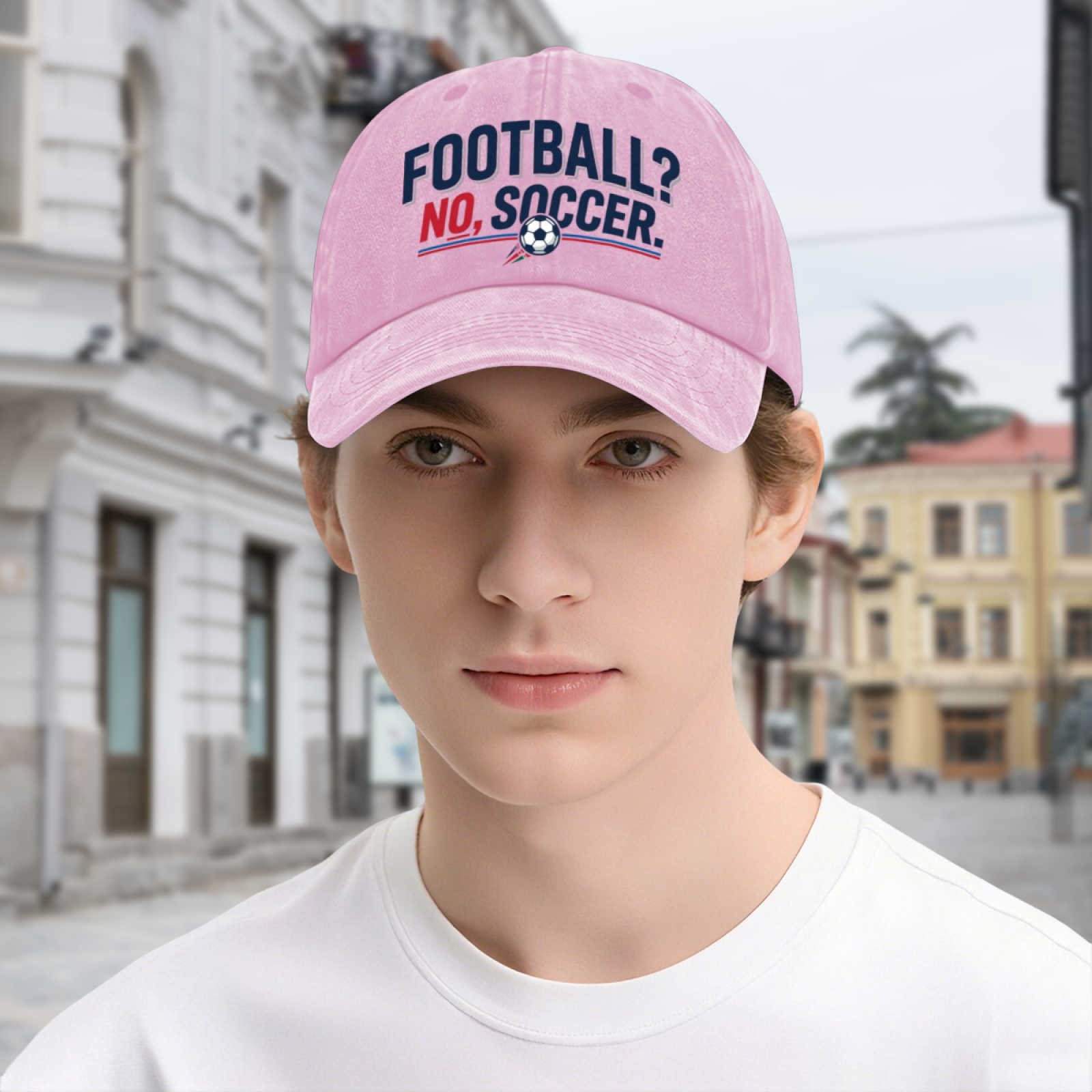 Lifestyle shot of the light pink “Football? No, Soccer.” cap worn outdoors, demonstrating casual styling