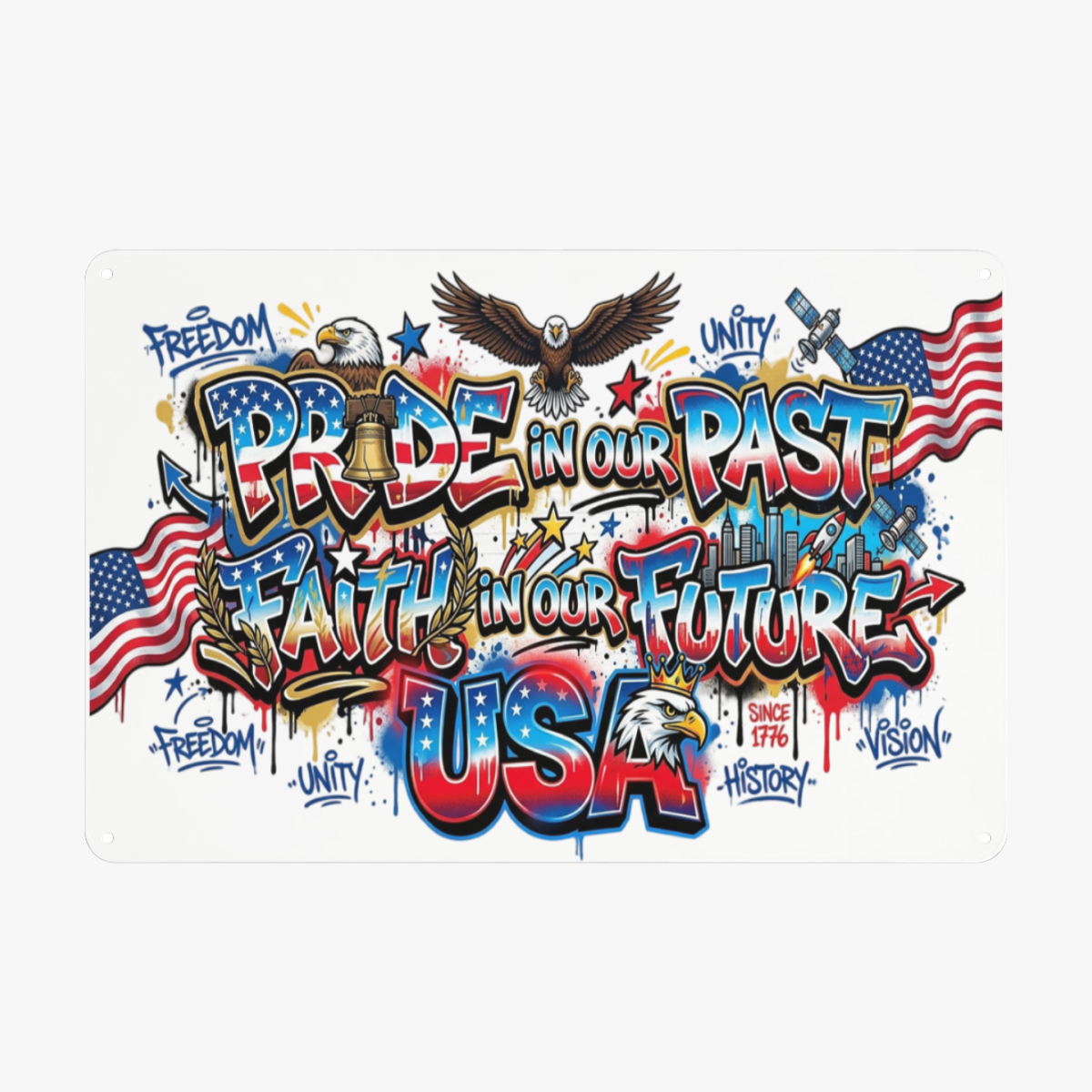 Graffiti USA 1776 patriotic tin sign with bald eagles, American flags, liberty bell & freedom unity lettering