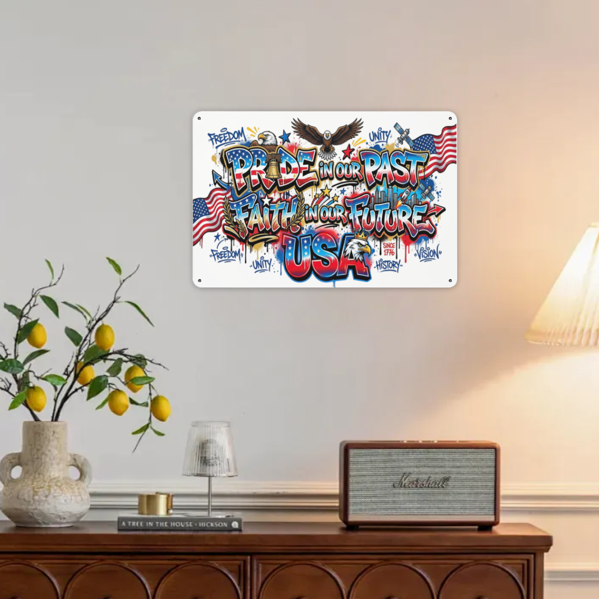American 250th anniversary metal tin wall sign hanging on indoor living room wall home decor