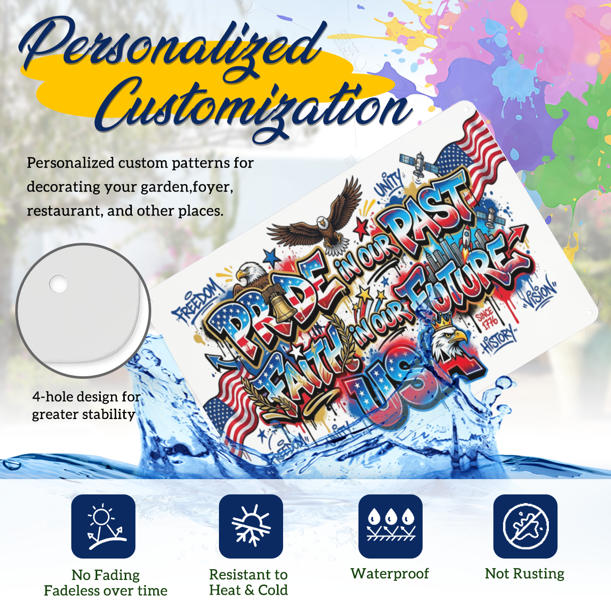 Waterproof rustproof fade-resistant patriotic tin plaque with 4 pre-drilled mounting holes