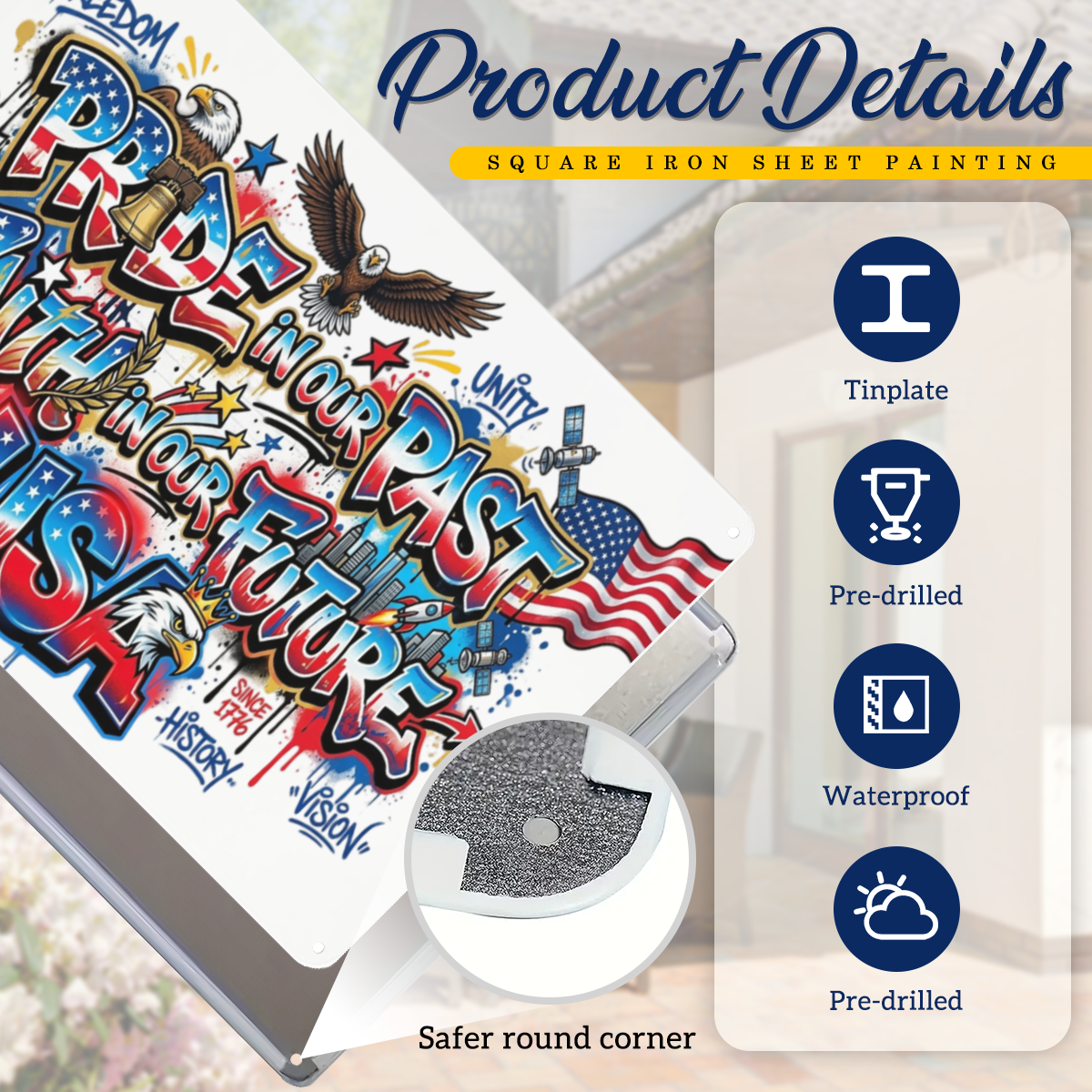 Safe round corner tinplate patriotic wall sign, pre-drilled holes & waterproof scratch-resistant surface