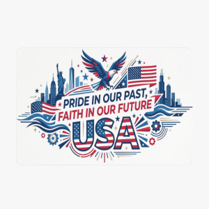 Flat lay rectangular tin sign, vintage patriotic full-color print with bald eagle, NYC skyscrapers, Statue of Liberty, waving US flags, star-striped USA lettering for USA 250th anniversary decor