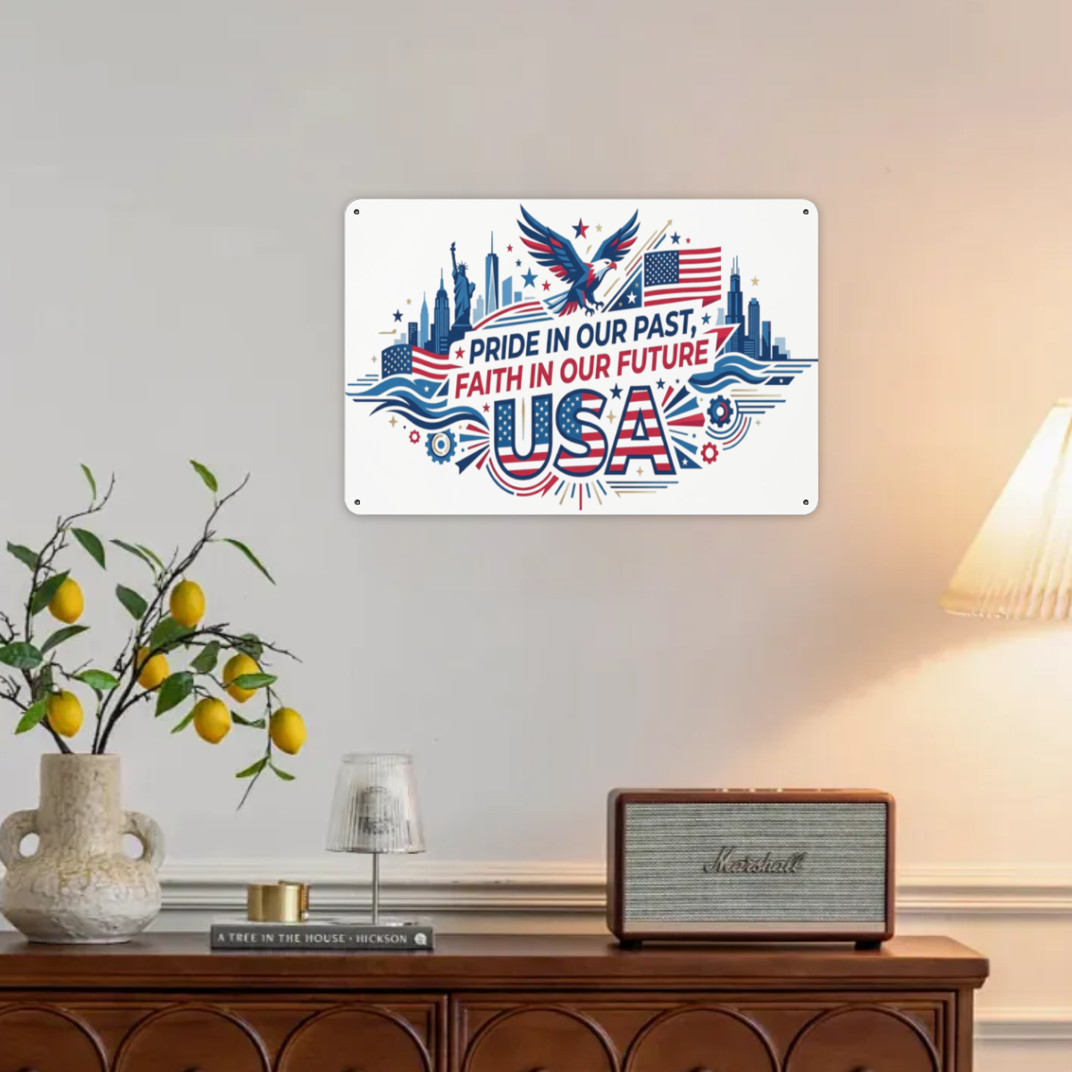 Interior lifestyle photo: USA 250th landmark patriotic tin sign hung on plain light living room wall as farmhouse & modern home wall decoration