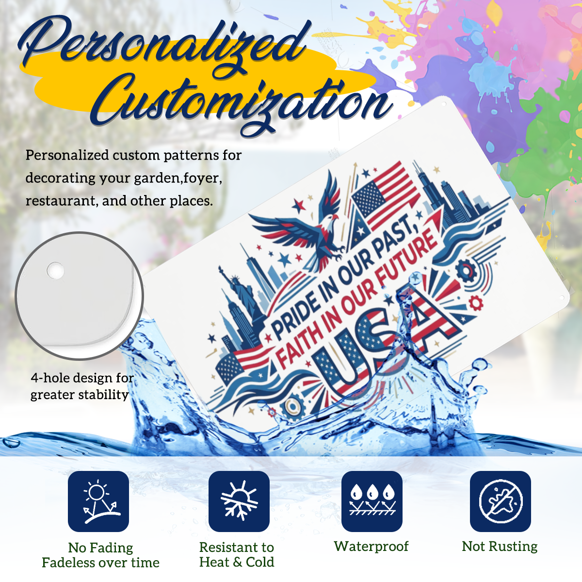 Feature showcase graphic with waterproof, rustproof, anti-fade, temperature-resistant performance, four pre-drilled corner hanging holes for stable indoor & outdoor 250th anniversary display