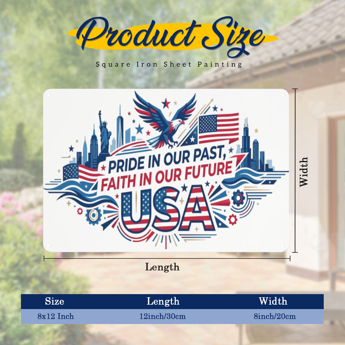 Size diagram for 8×12 inch patriotic metal tin sign, 250 years USA independence wall plaque featuring bald eagle, Statue of Liberty, US skyline, American flag, slogan "PRIDE IN OUR PAST, FAITH IN OUR FUTURE", 12in×8in dimension display
