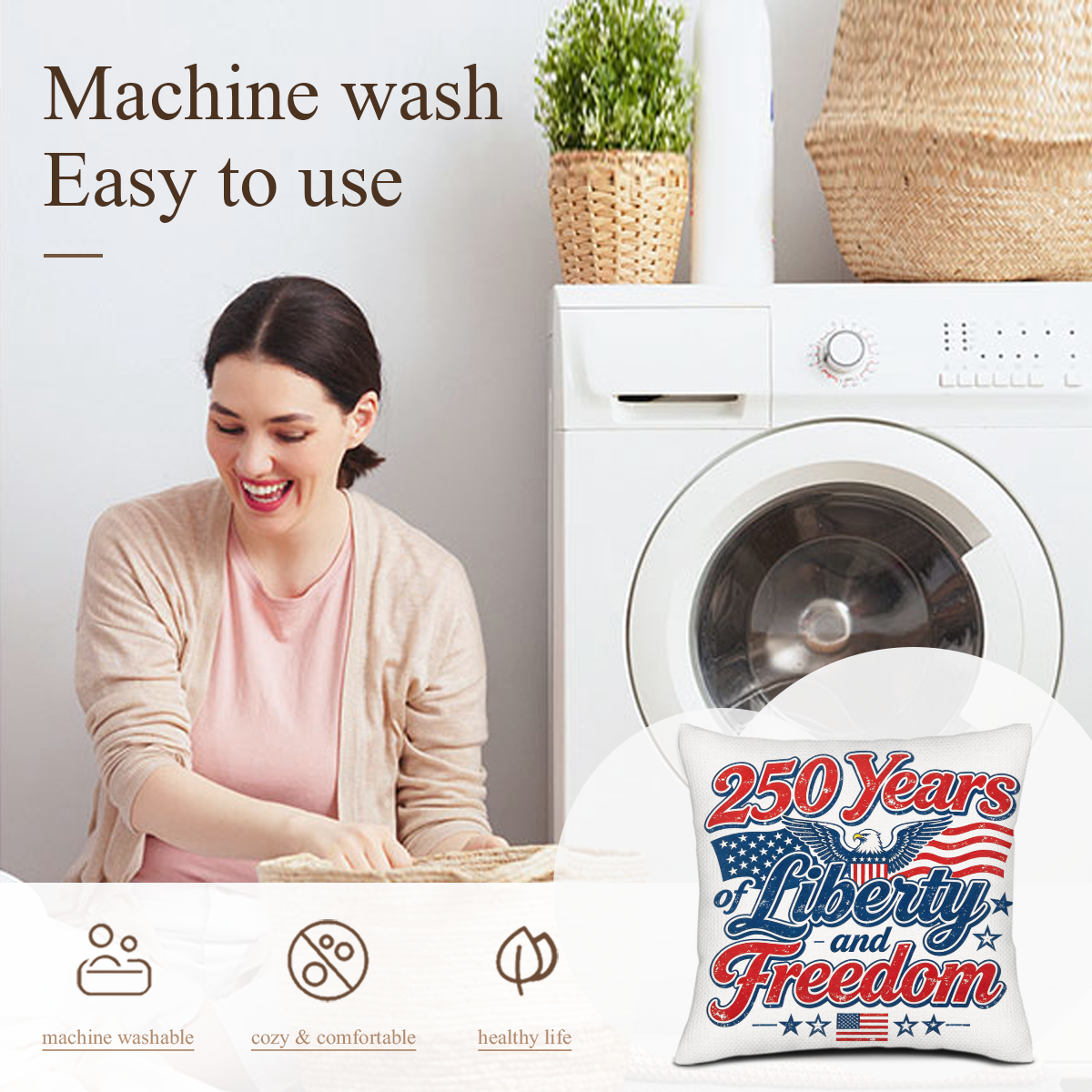 Washing care graphic highlighting that the pillow cover is machine washable, cozy, and healthy.