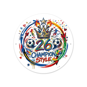 8 Inch white base round aluminum sign with colorful graffiti crown soccer 26 Champion Style front print