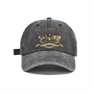 Dark distressed wash cotton baseball cap with retro firework eagle Liberty Bell 1776-2026 patriotic graphic