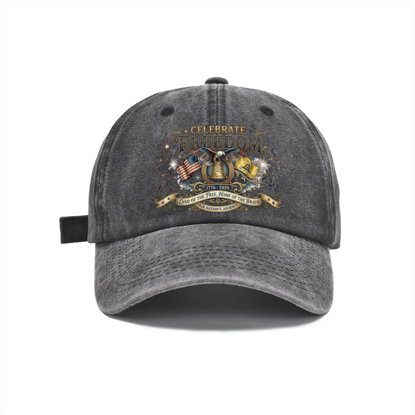 Dark distressed wash cotton baseball cap with retro firework eagle Liberty Bell 1776-2026 patriotic graphic