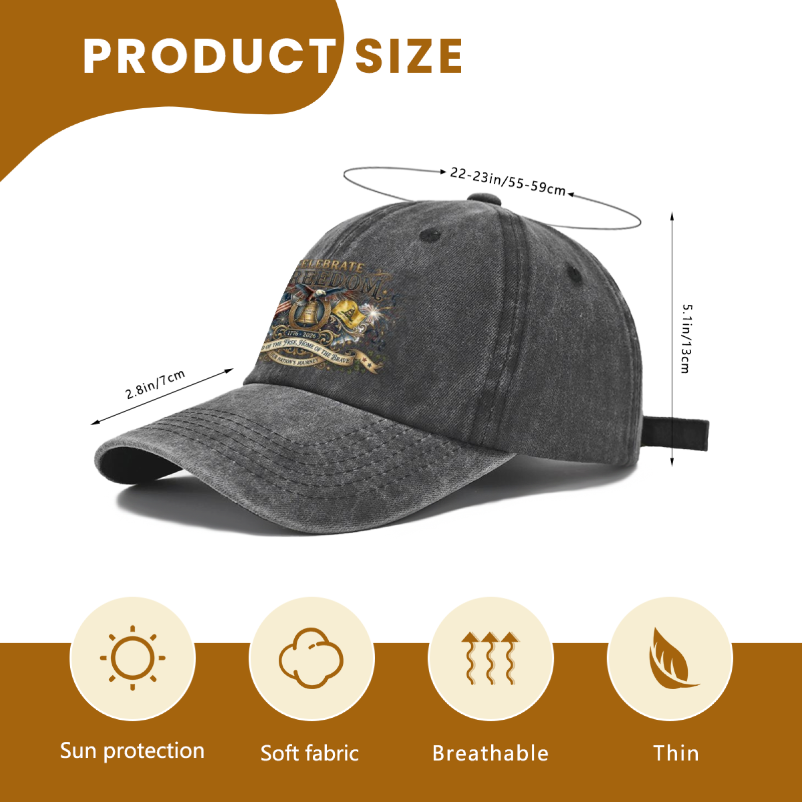 USA 250 patriotic washed cap dimension info, head circumference 22-23in, breathable sun protection lightweight cap