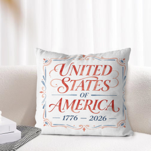 Watercolor border patriotic pillow cover placed on indoor sofa for home furnishing showcase