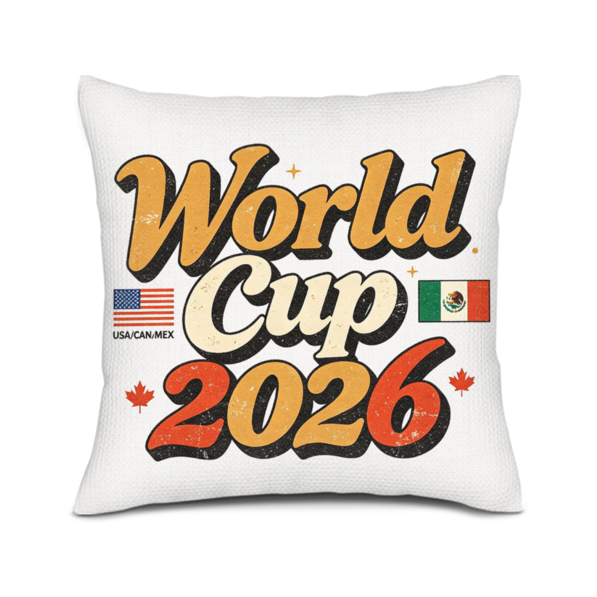 Close-up of the pillow cover featuring a vintage-style "World Cup 2026" print with flags of the USA, Canada, and Mexico in retro orange, cream, and red lettering.