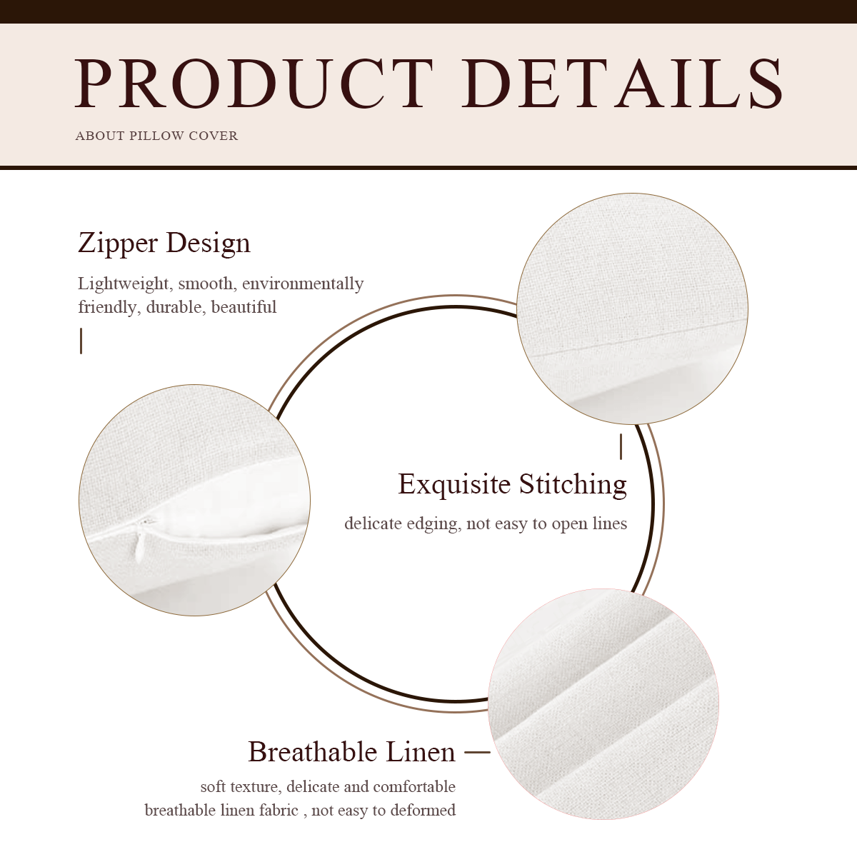 Product details infographic showcasing the zipper design, exquisite stitching, and breathable linen fabric.
