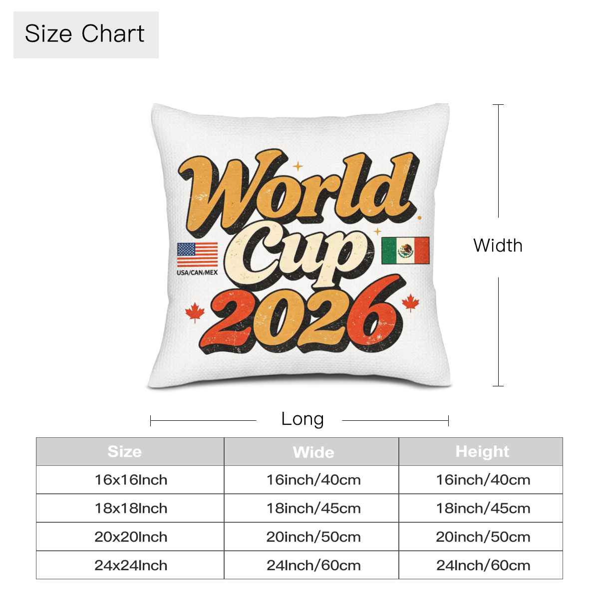 Size chart for the "World Cup 2026 USA CAN MEX" retro-style pillow cover, available in 16x16, 18x18, 20x20, and 24x24 inch sizes.