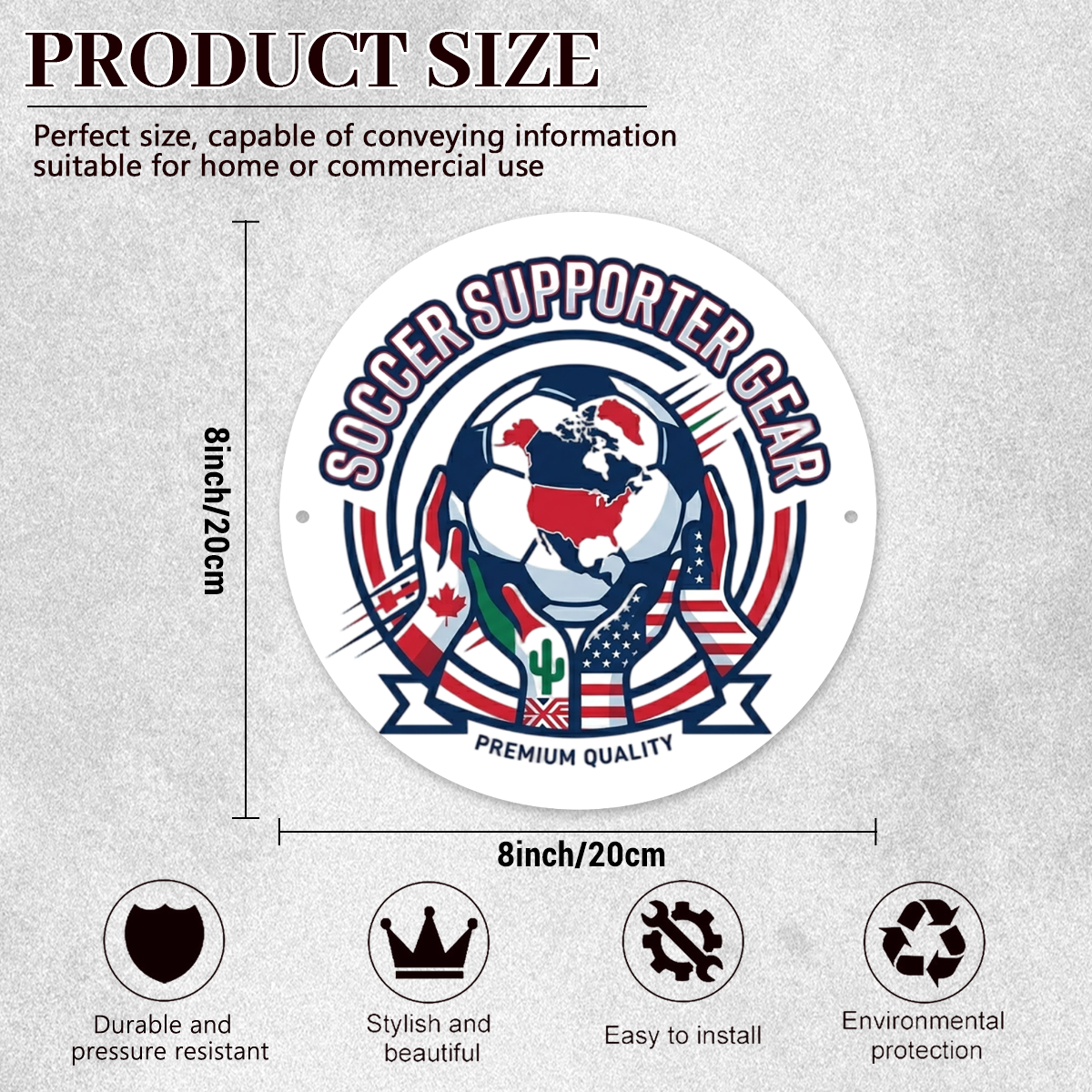 20cm diameter dimension chart plus feature icons (shock-resistant, stylish, easy install, eco-friendly) for round football metal plaque