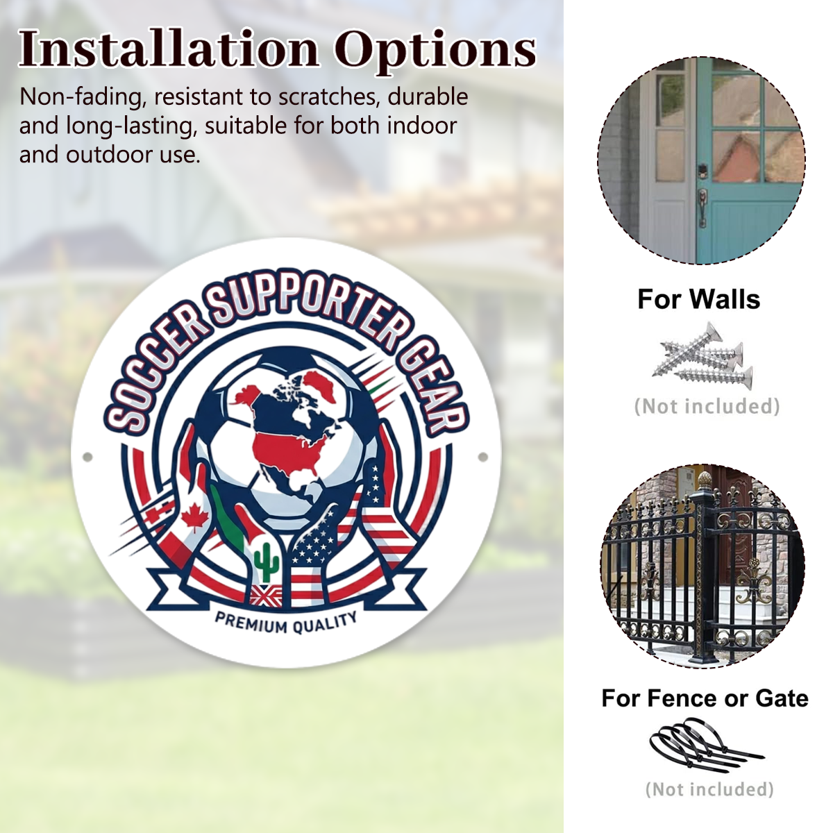 Two mounting options introduction, can fix on wall with screws or fence via cable ties (hardware not included)